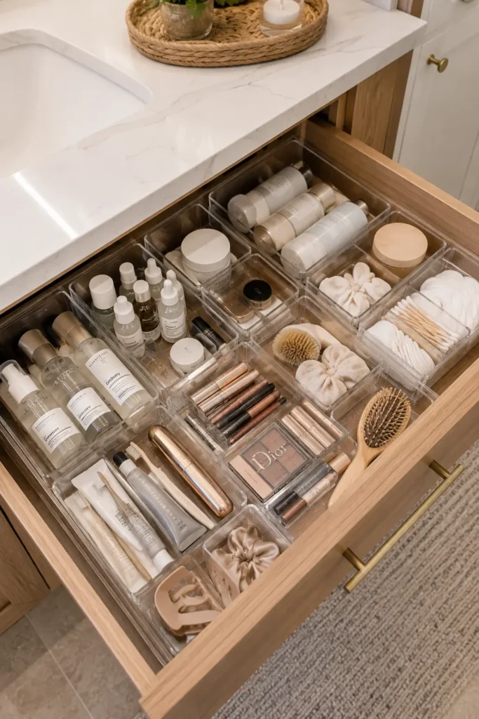 Bathroom drawer organizer with skincare products