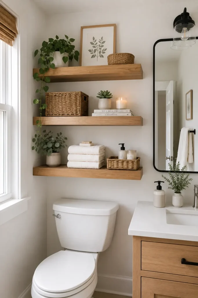 Floating shelves above toilet in a small bathroom