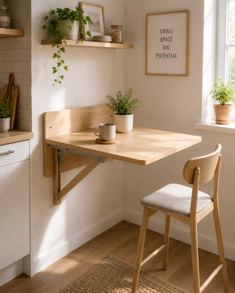Fold-down wall table for small kitchen breakfast nook