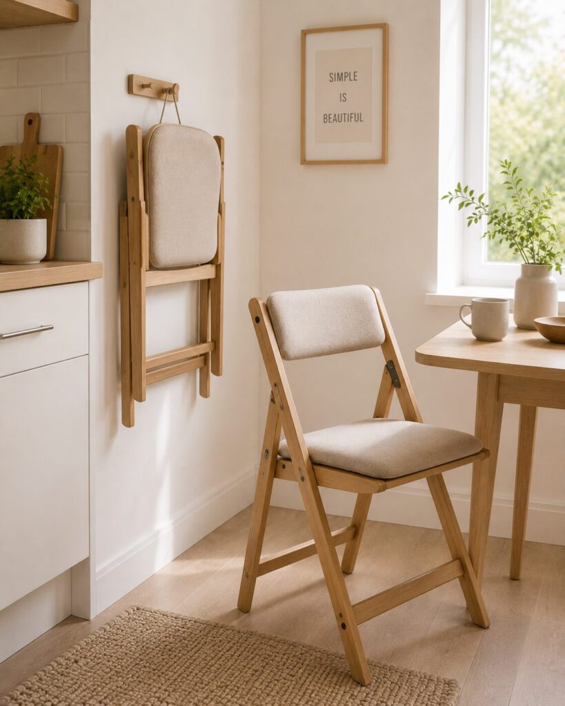 Foldable dining chairs stored against kitchen wall