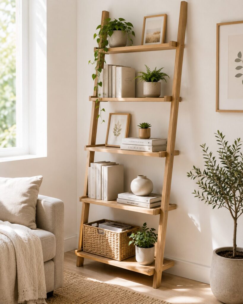 Ladder shelf leaning bookshelf for small living room