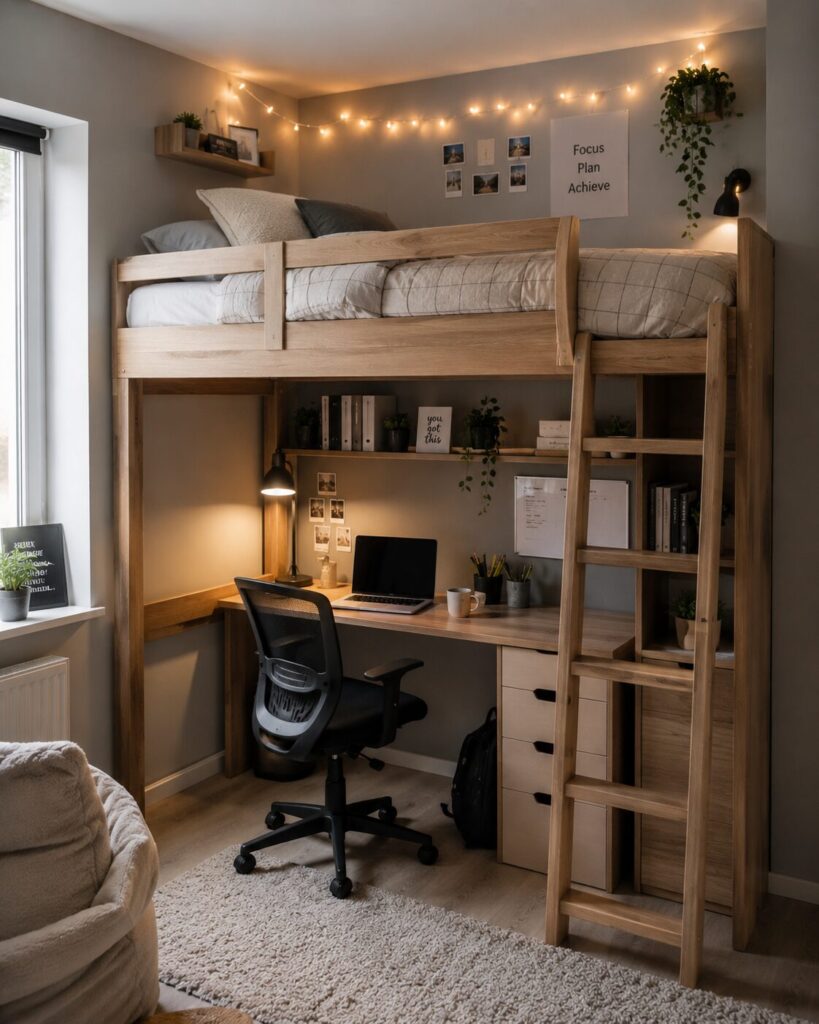 Loft bed with desk underneath for small bedroom