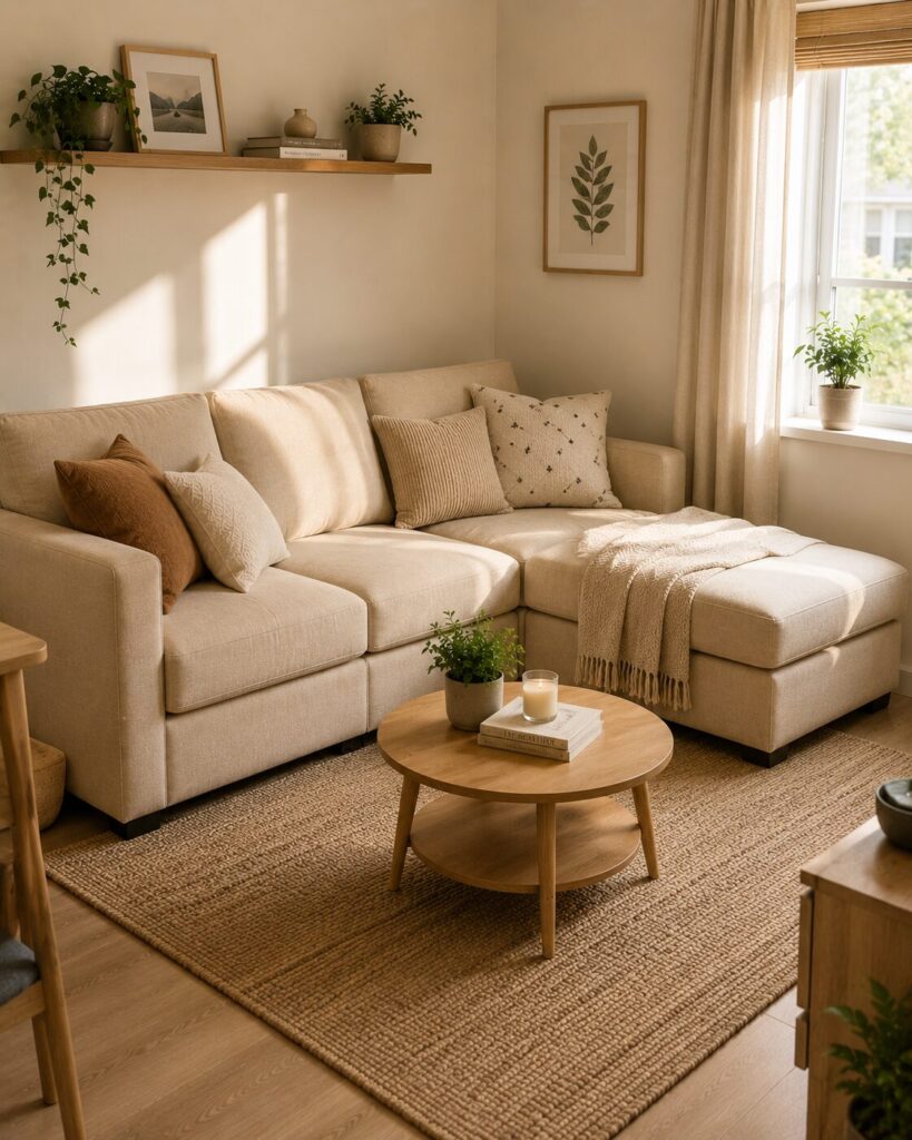Modular sectional sofa arranged in small living room