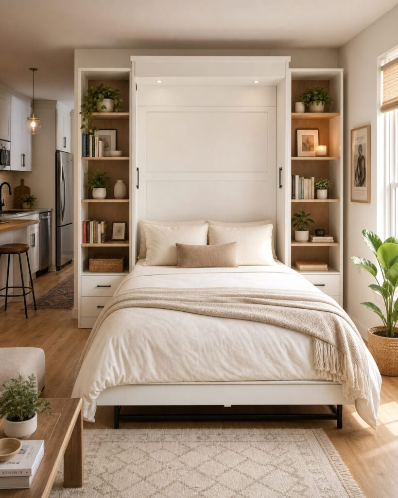 Murphy bed with built-in shelving for studio apartment