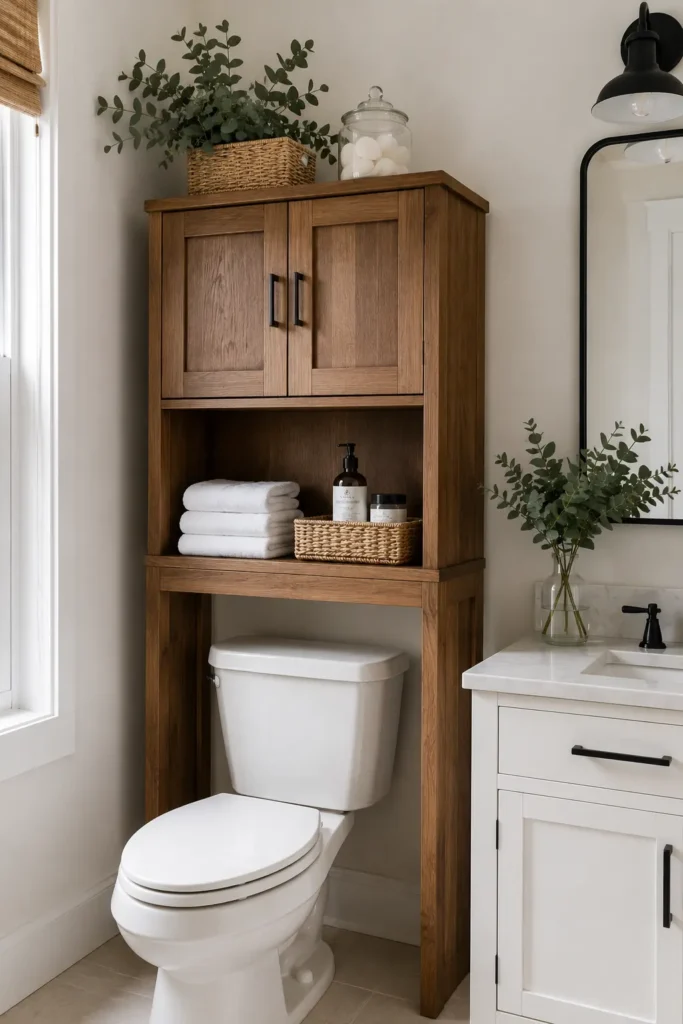Over-the-toilet storage rack in a modern bathroom