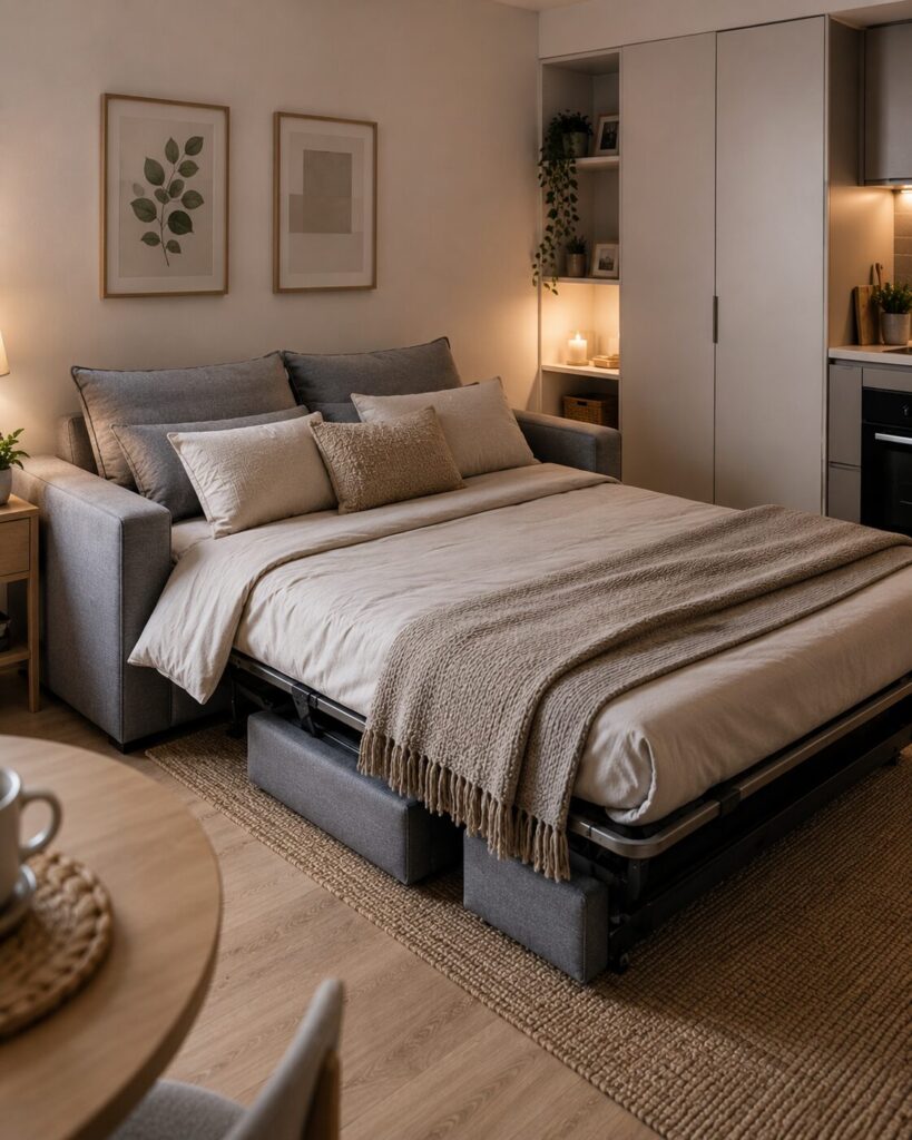 Sofa bed converted into a sleeper couch in studio apartment