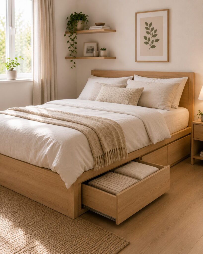 Bed frame with built-in storage drawers for small bedroom
