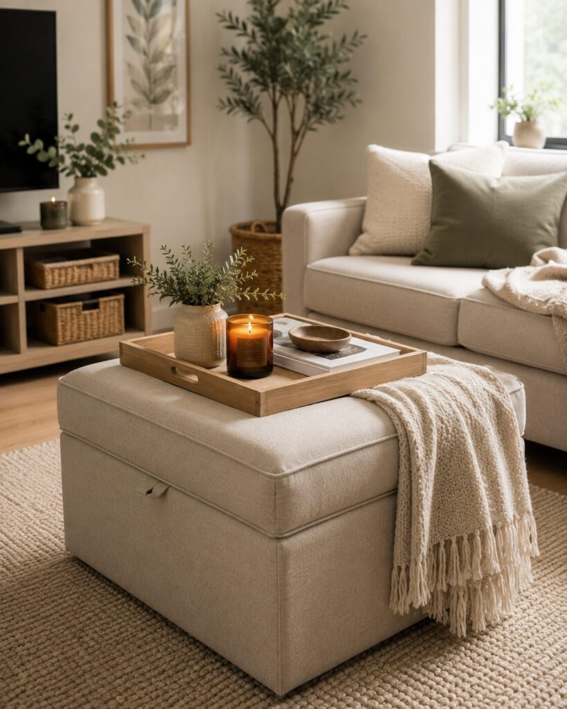 Storage ottoman used as coffee table and hidden storage