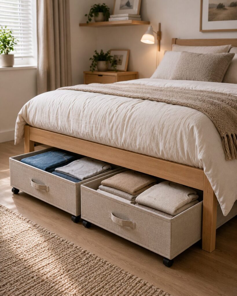 Rolling under-bed storage drawers for small bedroom