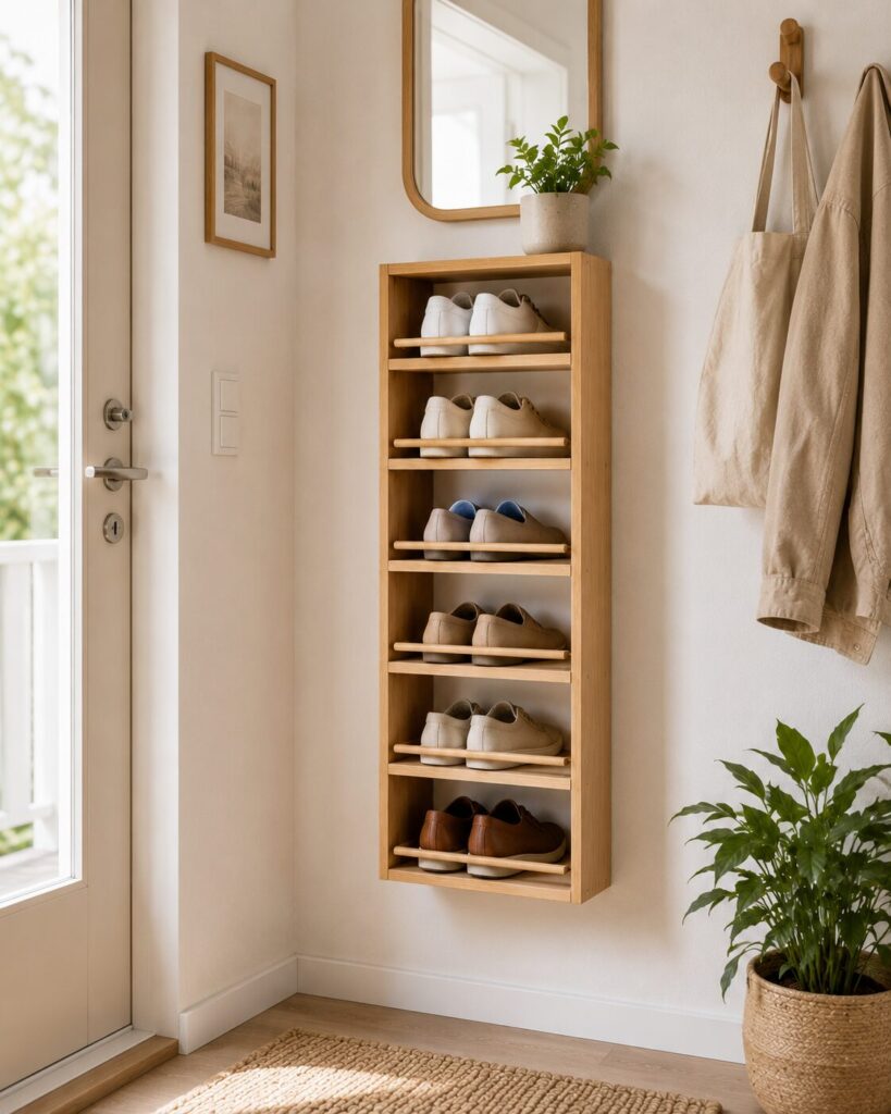 Vertical wall-mounted shoe rack for small entryway
