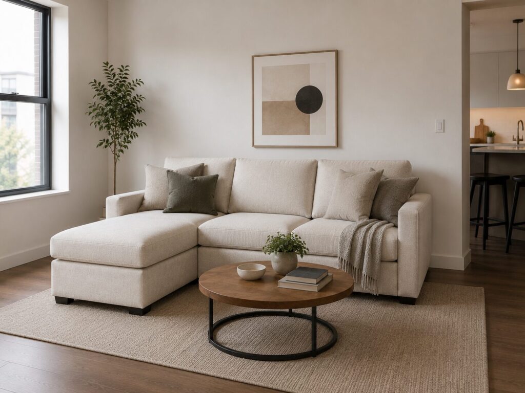Apartment-size sectional sofa with slim track arms