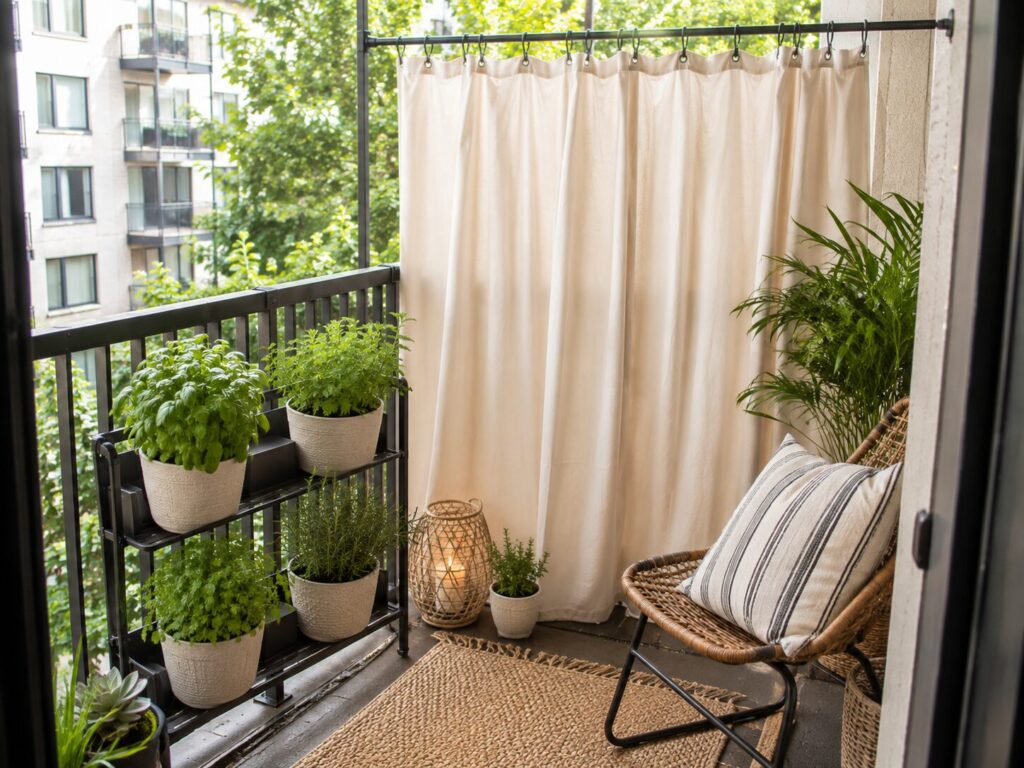 Renter-friendly balcony privacy curtain with a small herb garden