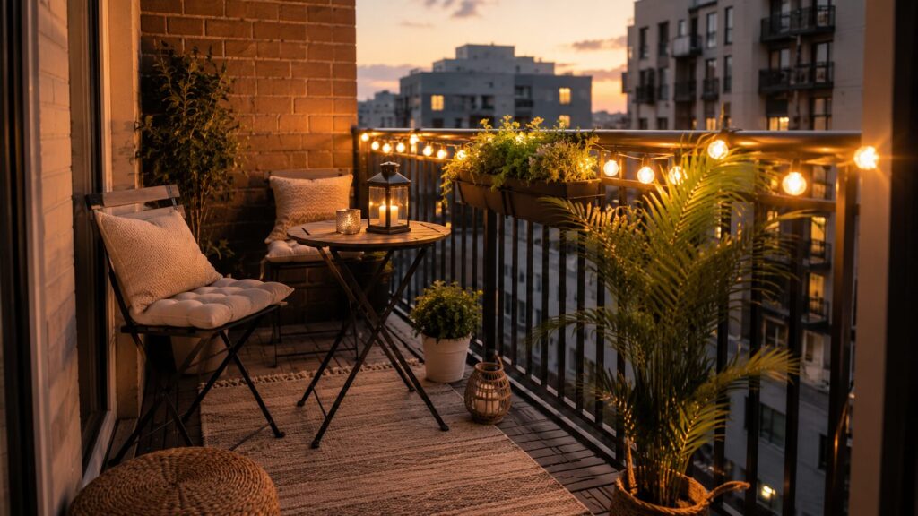 Small balcony with solar string lights and foldable furniture