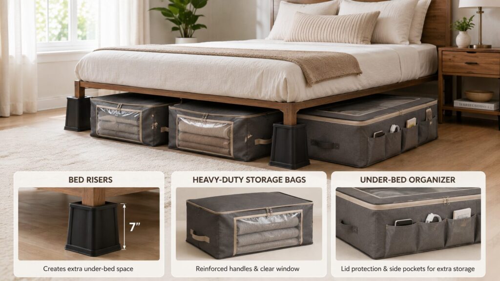 Bed risers heavy duty storage bags and organizer with lid