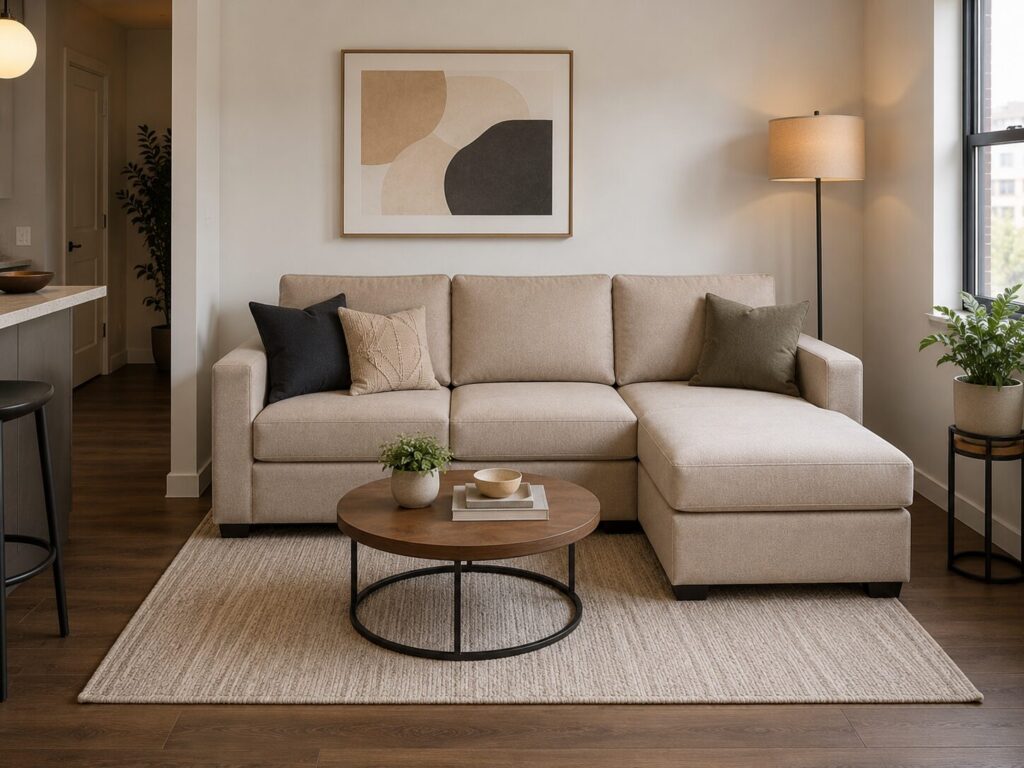 Compact L-shaped sectional sofa with reversible chaise for small apartments