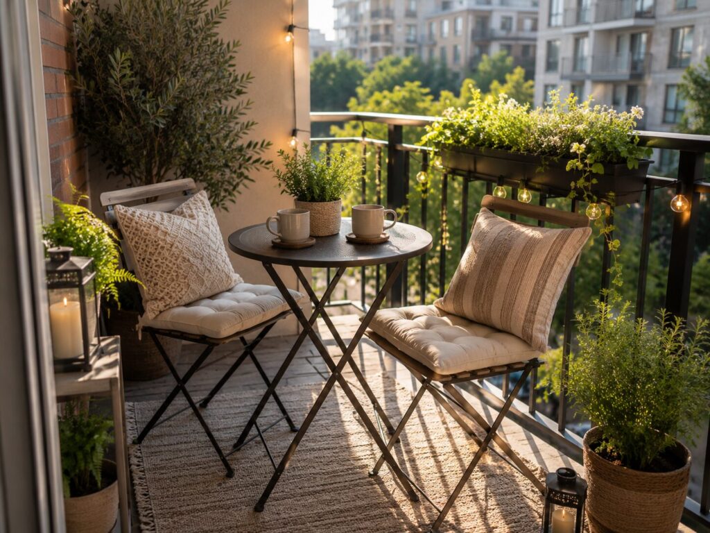 Cozy small balcony with bistro table outdoor cushions and pillows