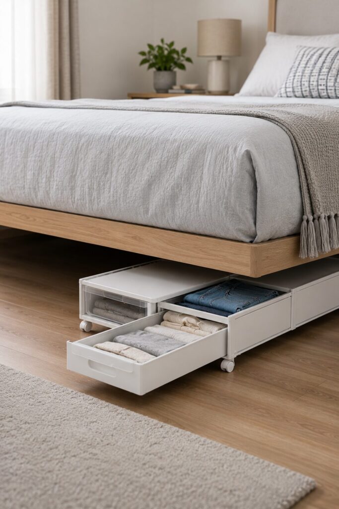 Low profile rolling storage cart under bed