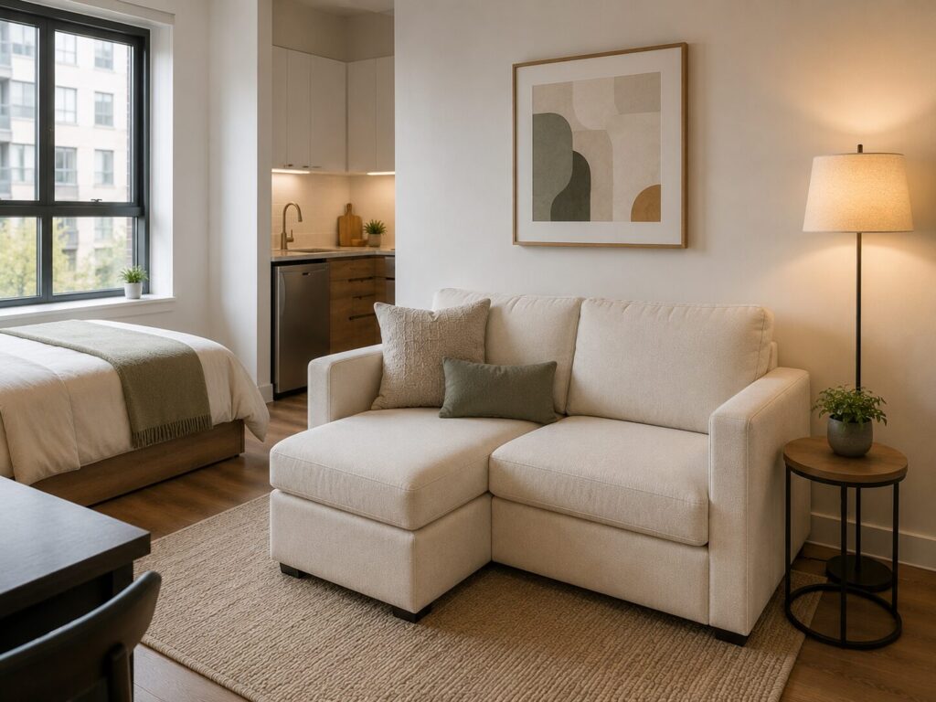 Mini sectional loveseat with chaise for a tiny studio apartment