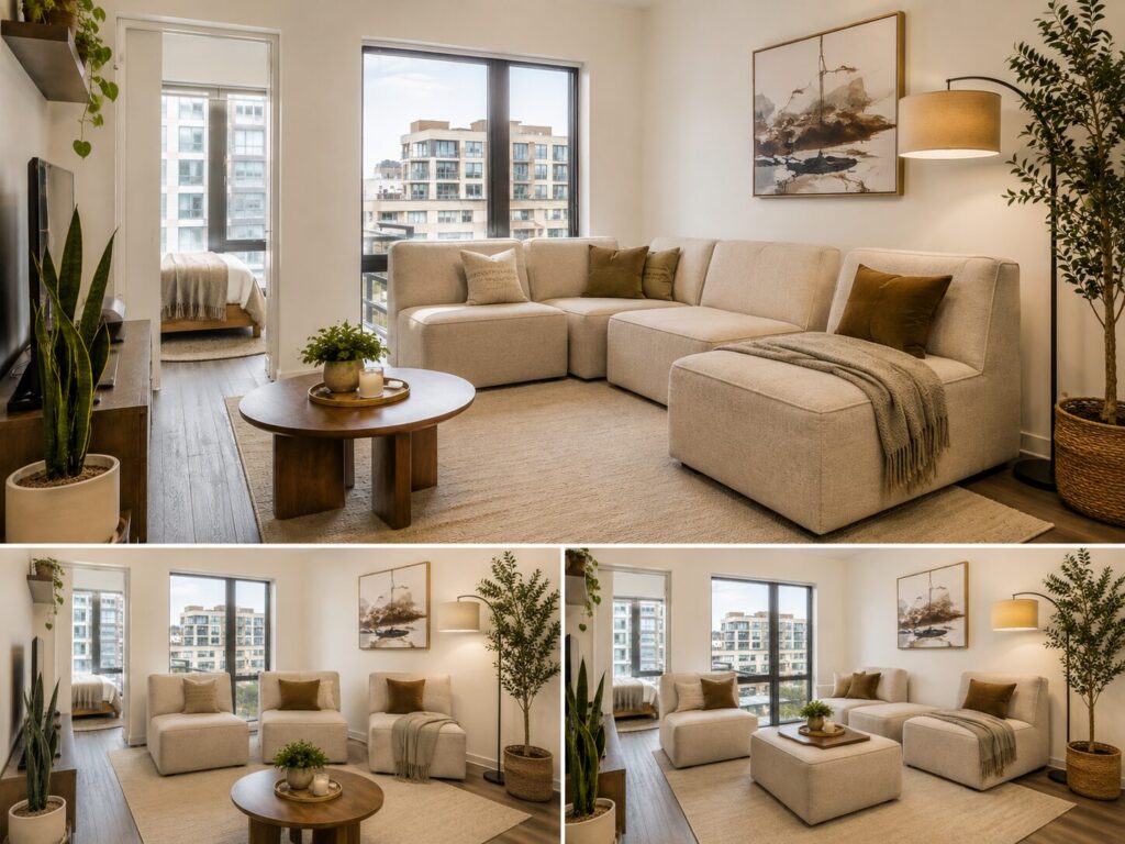 Modular sectional sofa pieces arranged in a small apartment