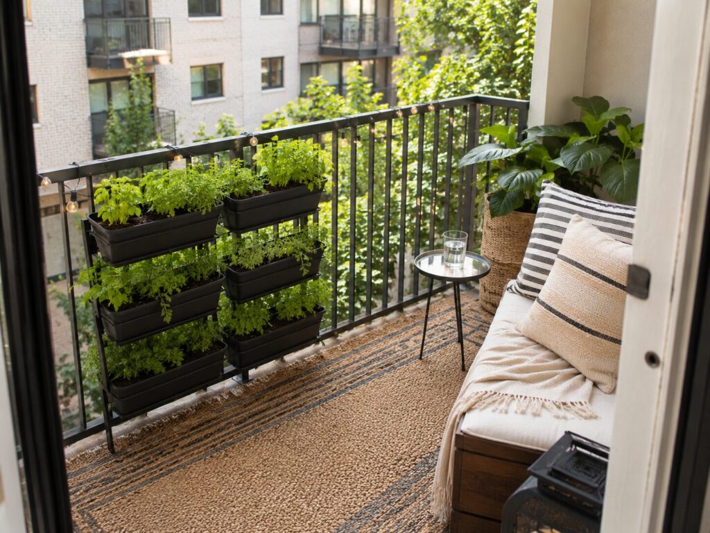 Outdoor rug and vertical planters in a small apartment balcony