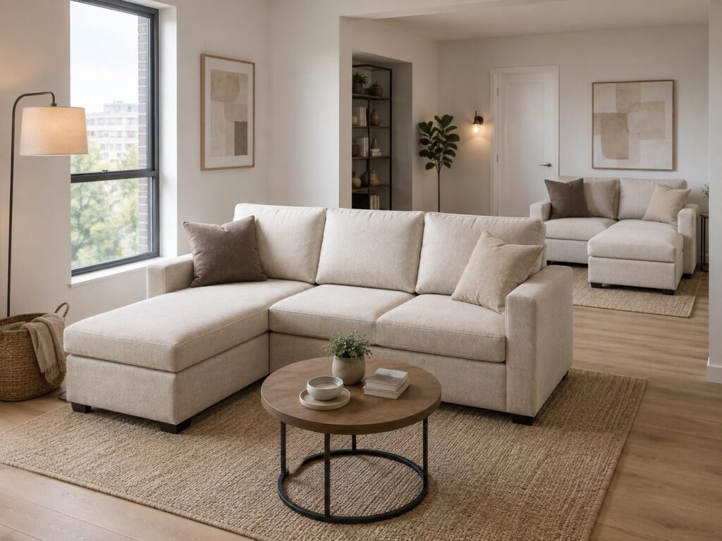 Reversible chaise sectional sofa for flexible small apartment layouts