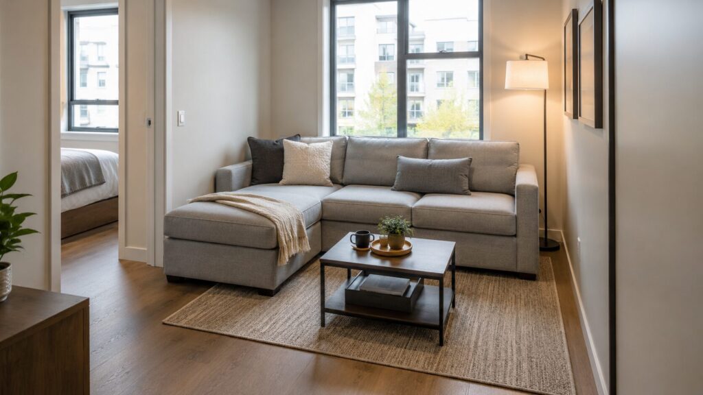 Compact sectional sofa maximizing seating in a small apartment living room