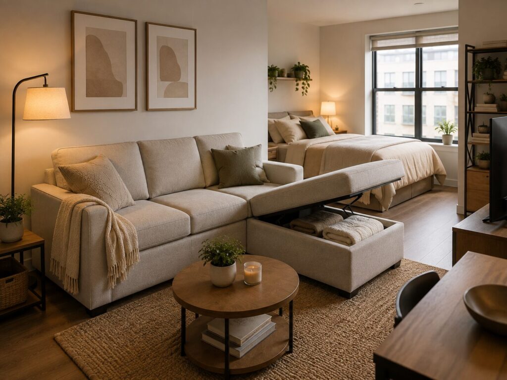Sleeper sectional with storage chaise for a small apartment
