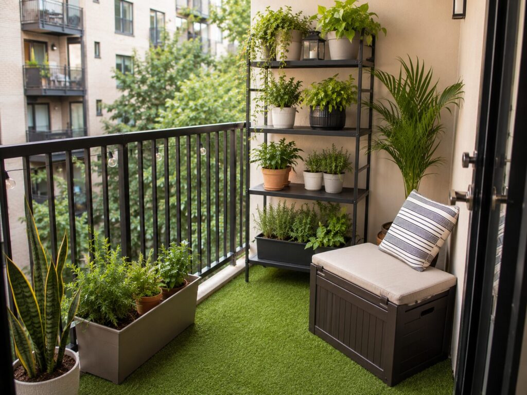 Small balcony with artificial grass mat plant shelf and outdoor storage box