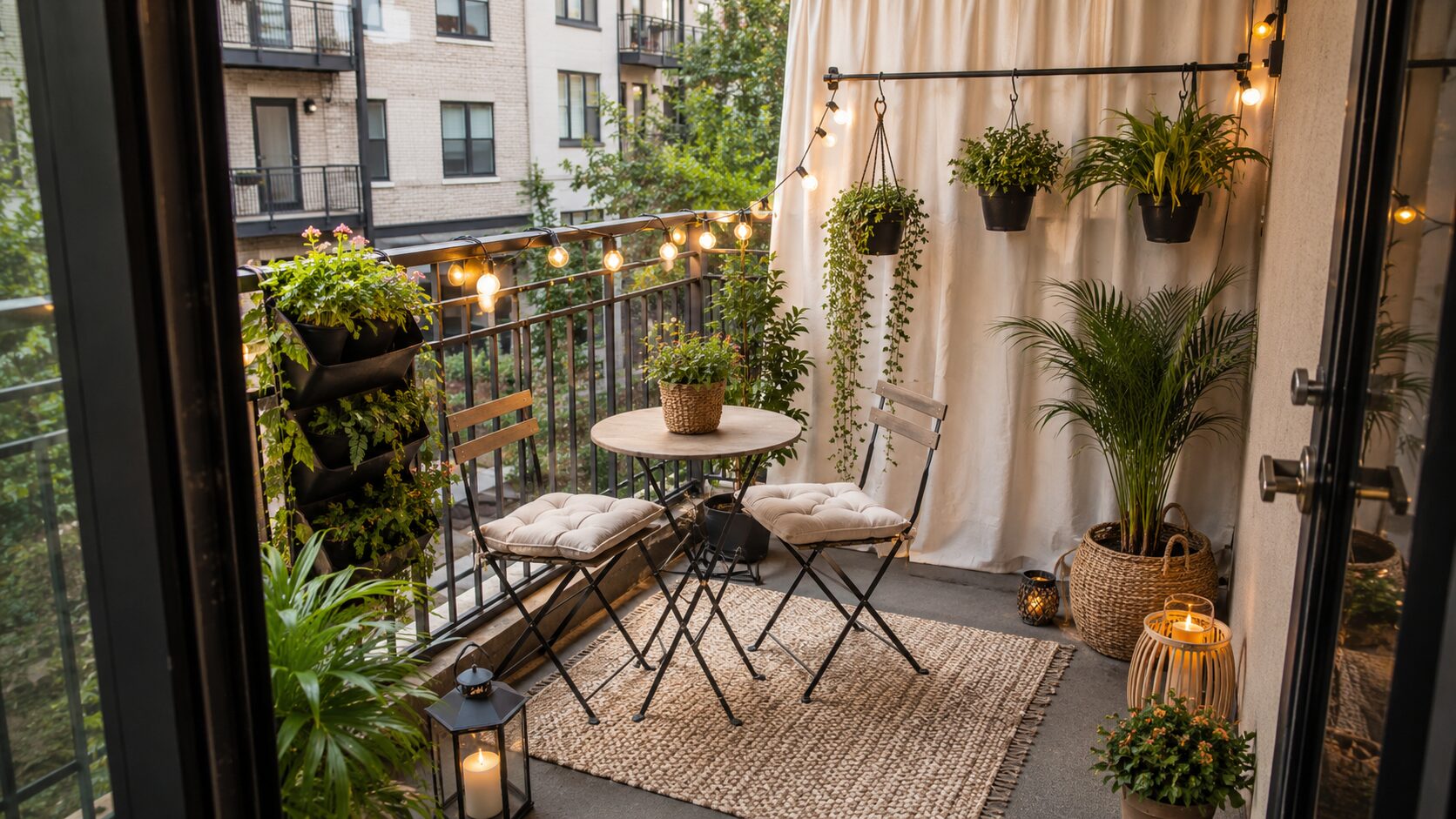 Small balcony makeover for apartment renters with plants and cozy furniture