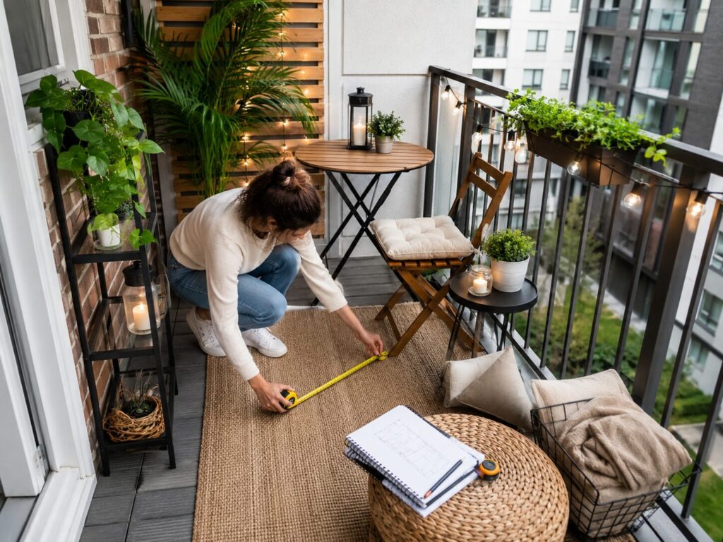 Planning a small apartment balcony makeover with furniture plants and lighting
