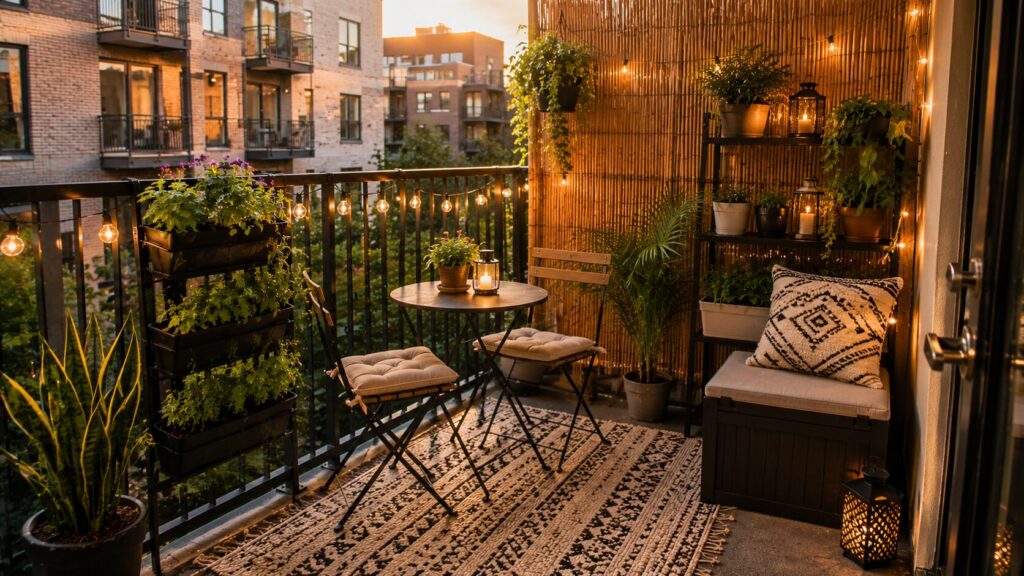 Finished renter-friendly small balcony makeover with plants lighting and cozy seating