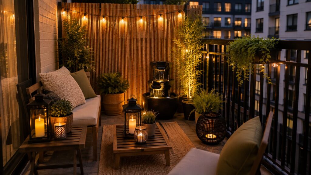 Small apartment balcony with bamboo privacy screen lanterns and string lights