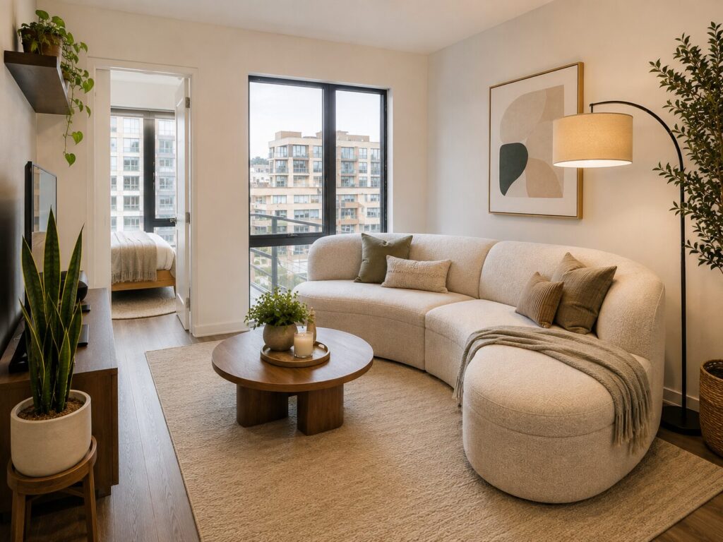 Small curved sectional sofa in a modern apartment living room