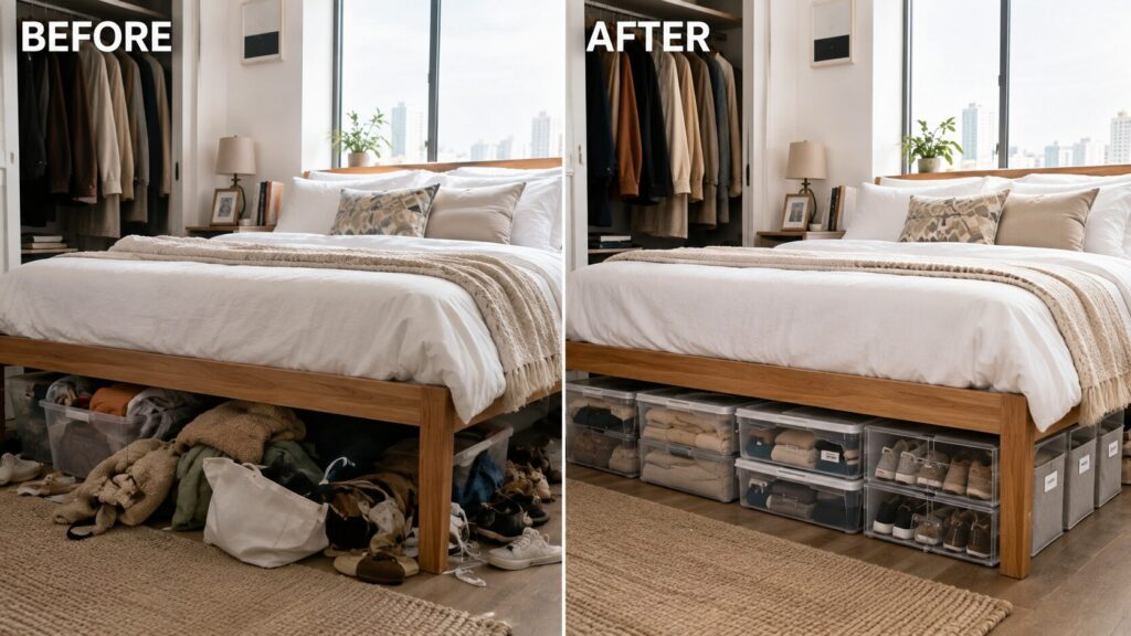 Organized small bedroom using under bed storage bins